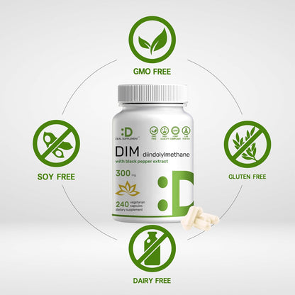 DIM Supplement 300mg with Black Pepper, 240 Vegetarian Caps, 4 Months Supply | 2-in-1 Dim Supplement for Women & Men | Diindolylmethane Plus Black Pepper Extract for Enhanced Absorption* - PrimeBioHealth - canada supplements