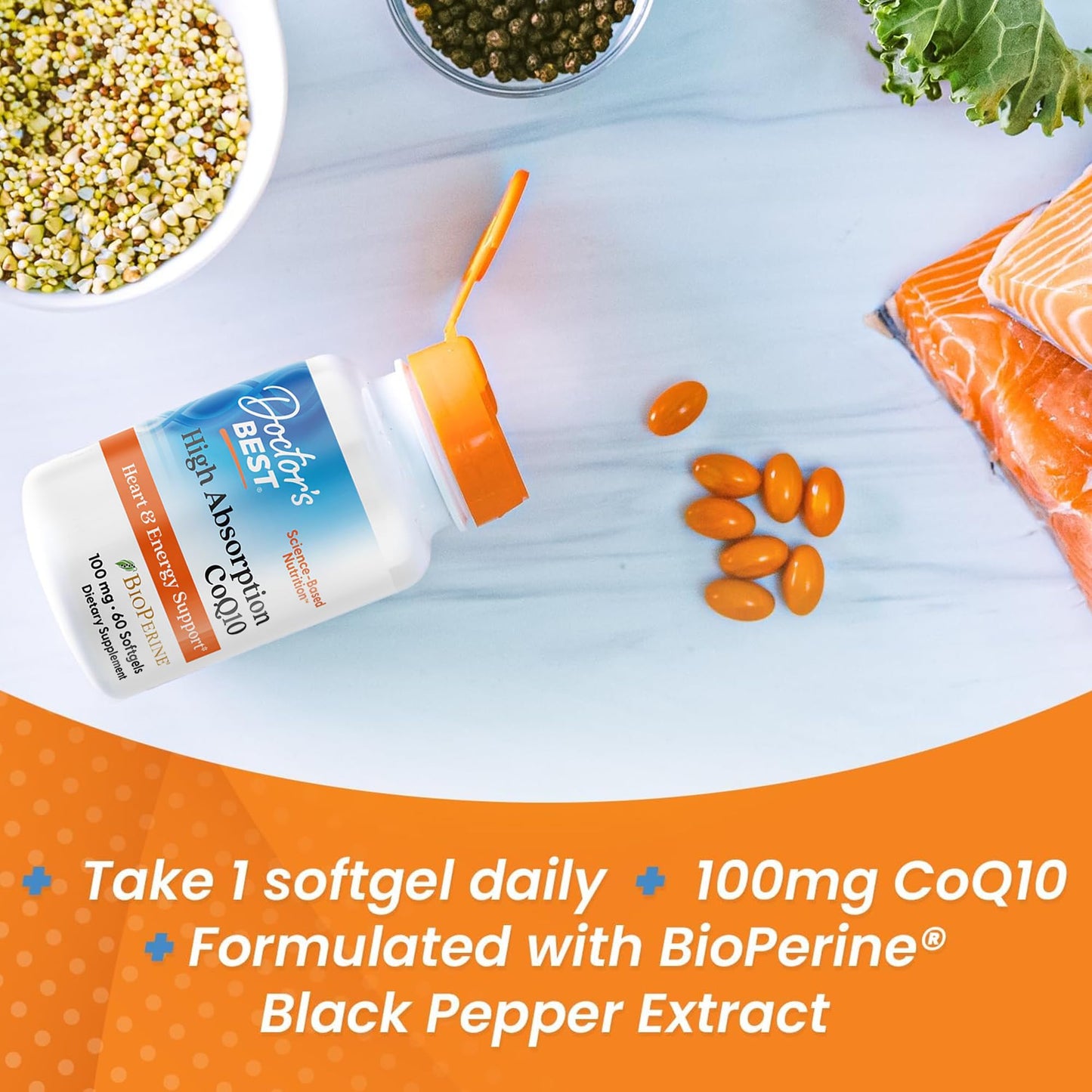Doctor's Best High Absorption CoQ10 with BioPerine Supplement - Coenzyme Q10 Softgels for Heart Health & Antioxidant Support, Naturally Fermented CoQ10 100mg for Women & Men, Non GMO - 120 Softgels - PrimeBioHealth - canada supplements