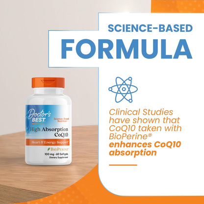 Doctor's Best High Absorption CoQ10 with BioPerine Supplement - Coenzyme Q10 Softgels for Heart Health & Antioxidant Support, Naturally Fermented CoQ10 100mg for Women & Men, Non GMO - 120 Softgels - PrimeBioHealth - canada supplements