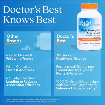 Doctor's Best High Absorption Magnesium Glycinate Lysinate Supplement for Sleep Support - Chelated Magnesium Tablets for Women & Men, 200mg per Serving, Supports Calm & Relaxation, Vegan - 240 Count - PrimeBioHealth - canada supplements