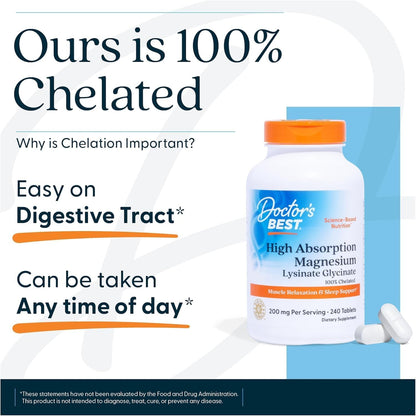 Doctor's Best High Absorption Magnesium Glycinate Lysinate Supplement for Sleep Support - Chelated Magnesium Tablets for Women & Men, 200mg per Serving, Supports Calm & Relaxation, Vegan - 240 Count - PrimeBioHealth - canada supplements