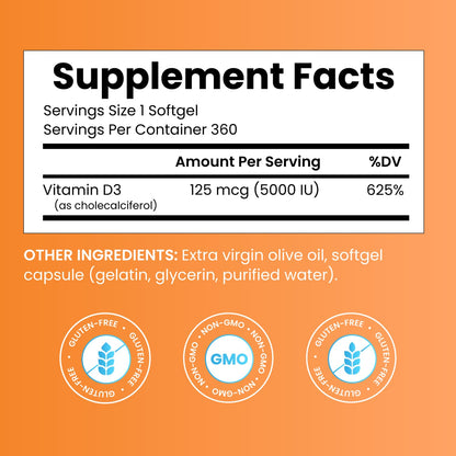 Doctor's Best Vitamin D3 5000 IU Softgels for Men & Women - Vitamin D Supplement for Immune System & Heart Health Support, 125 mcg per Serving, Vit D 3, Non GMO, Gluten Free, Soy Free - 360 Softgels - PrimeBioHealth - canada supplements