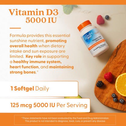 Doctor's Best Vitamin D3 5000 IU Softgels for Men & Women - Vitamin D Supplement for Immune System & Heart Health Support, 125 mcg per Serving, Vit D 3, Non GMO, Gluten Free, Soy Free - 360 Softgels - PrimeBioHealth - canada supplements