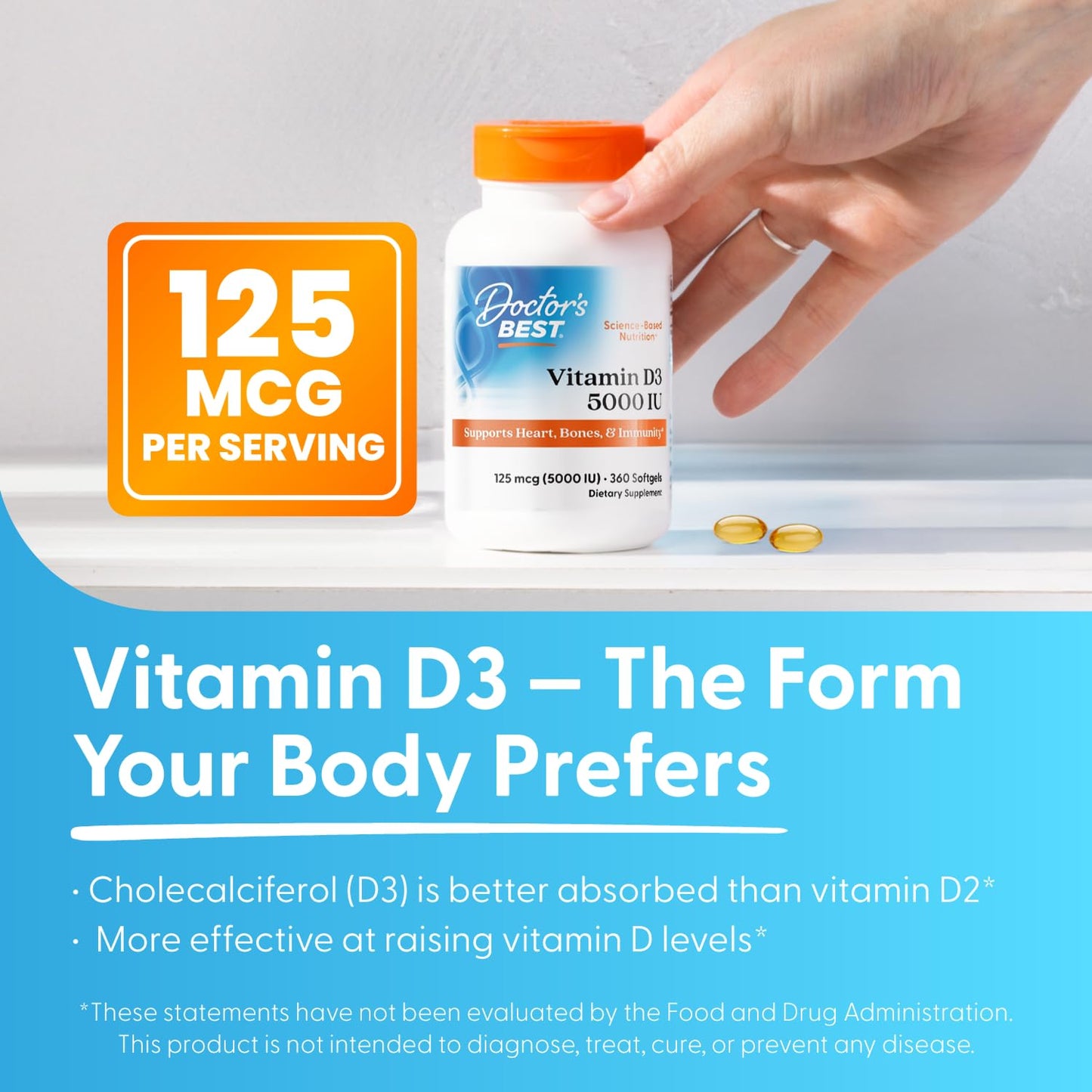 Doctor's Best Vitamin D3 5000 IU Softgels for Men & Women - Vitamin D Supplement for Immune System & Heart Health Support, 125 mcg per Serving, Vit D 3, Non GMO, Gluten Free, Soy Free - 360 Softgels - PrimeBioHealth - canada supplements