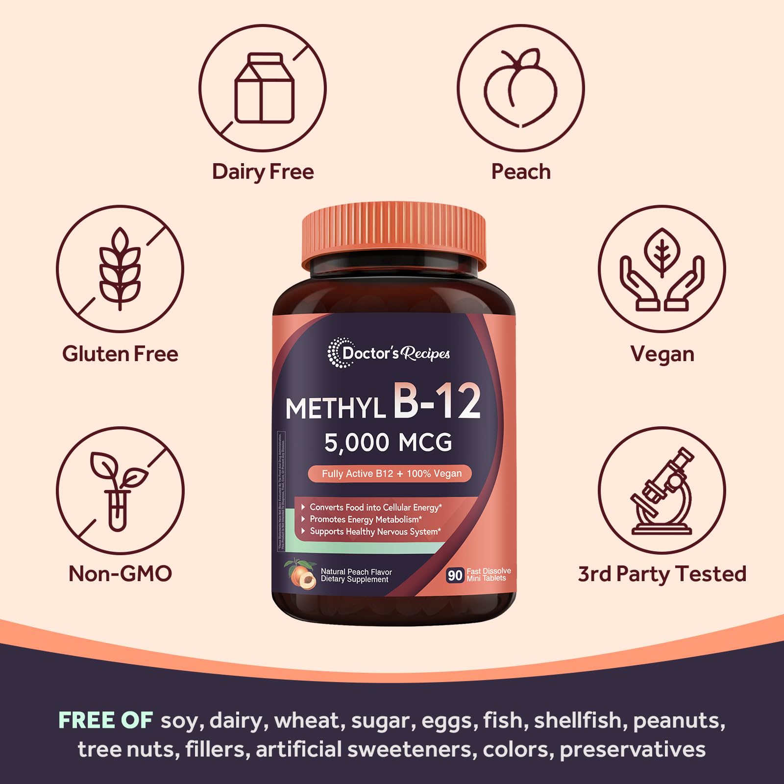 Doctor's Recipes Vitamin B12, Methylcobalamin 5000 mcg 90 Fast Dissolve Tablets, Natural Peach Flavor, Vegan Methyl, Energy Metabolism & Nervous System - PrimeBioHealth - canada supplements