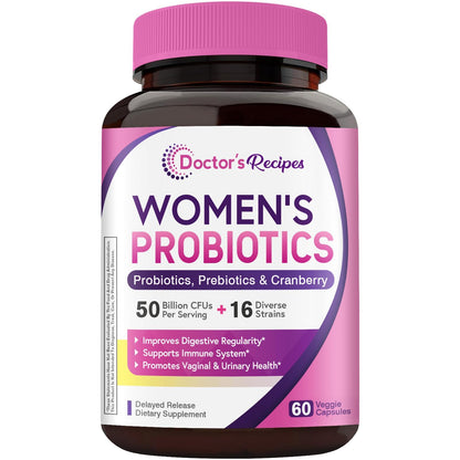 Doctor's Recipes Women's Probiotic, 60 Caps 50 Billion CFU 16 Strains, with Organic Cranberry, Digestive Immune Vaginal & Urinary Health, Shelf Stable - PrimeBioHealth - canada supplements