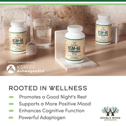 Double Wood Supplements Ashwagandha KSM 66 Organic and Clinically Studied Extract (600mg Per Serving, 120 Capsules, 60 Servings) - PrimeBioHealth - canada supplements
