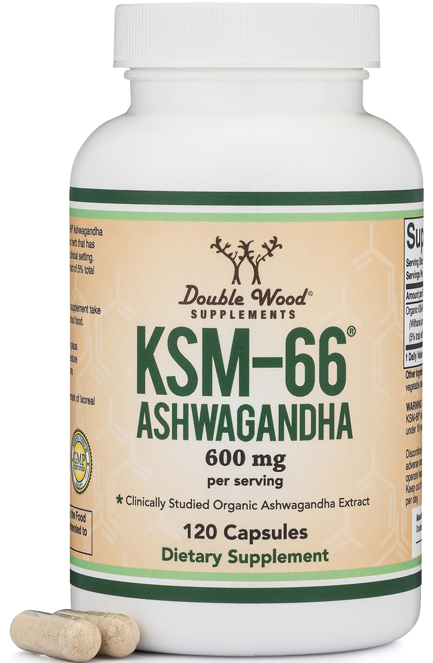 Double Wood Supplements Ashwagandha KSM 66 Organic and Clinically Studied Extract (600mg Per Serving, 120 Capsules, 60 Servings) - PrimeBioHealth - canada supplements