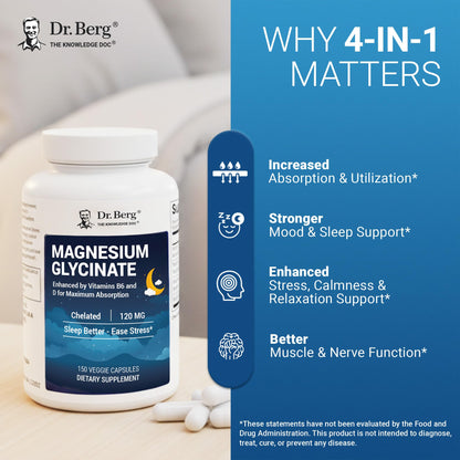 Dr. Berg Magnesium Glycinate 150ct – 4-in-1 Chelated for Muscle, Nerve, Sleep & Stress Support*– w/ D3, B6 & Zinc – 4X Lab-Tested - PrimeBioHealth - canada supplements