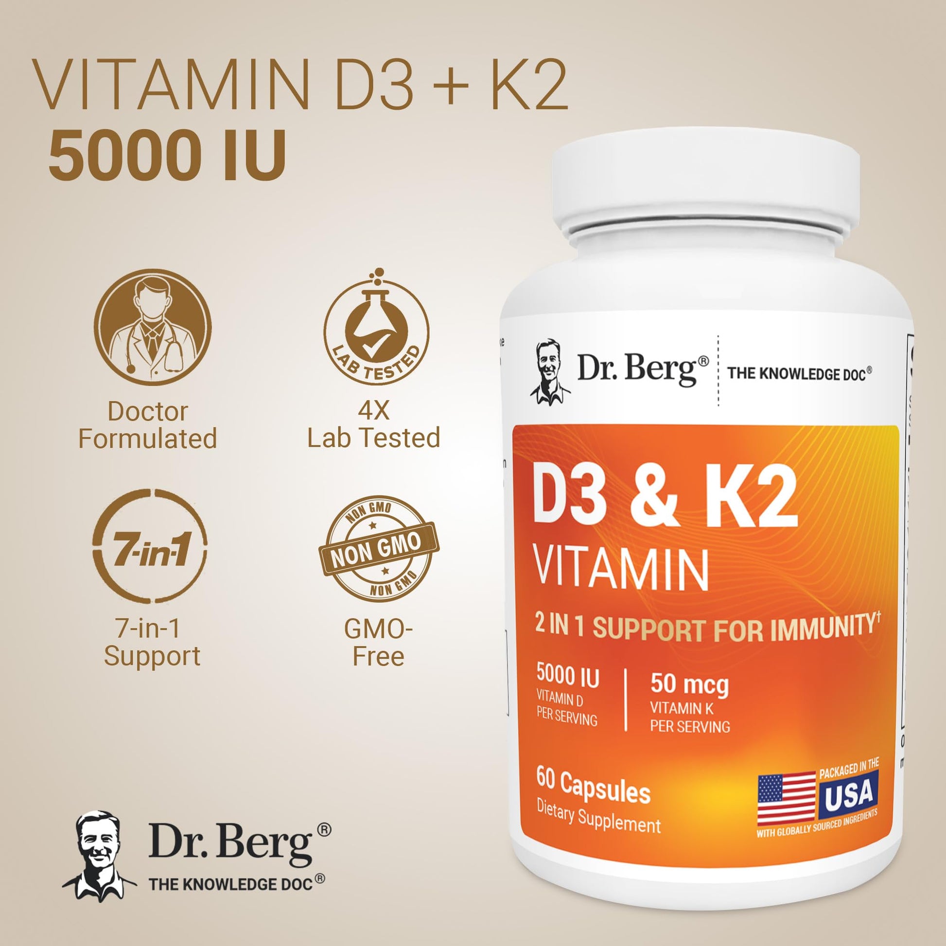 Dr. Berg Maximum Strength 2-in-1 Vitamin D3 K2 5,000 IU | Naturally Derived D3 | 4X Lab-Tested & Verified | High Absorption Formula - PrimeBioHealth - canada supplements