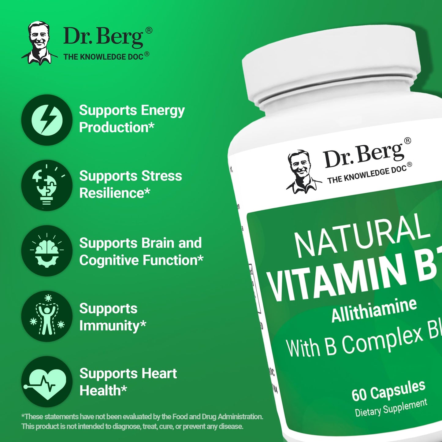 Dr. Berg Natural Vitamin B1 B6 B12 Complex - Allithiamine Vitamin B1 Supplement with 8 Essential Vitamin B Complex for Men & Women Including Thiamin - PrimeBioHealth - canada supplements