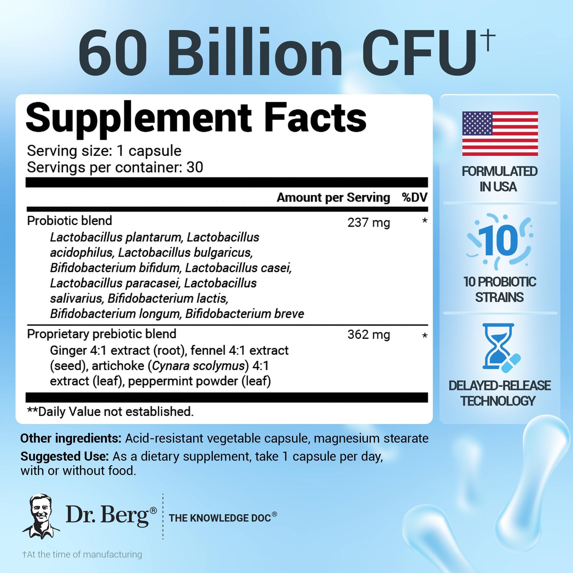 Dr. Berg Probiotic Supplement (60 Billion CFUs) - Helps Ease Occasional Constipation, Diarrhea, Gas & Bloating* - Pre and Probiotics for Digestive Health - 30 Probiotic Capsules - PrimeBioHealth - canada supplements
