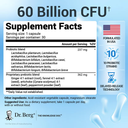 Dr. Berg Probiotic Supplement (60 Billion CFUs) - Helps Ease Occasional Constipation, Diarrhea, Gas & Bloating* - Pre and Probiotics for Digestive Health - 30 Probiotic Capsules - PrimeBioHealth - canada supplements