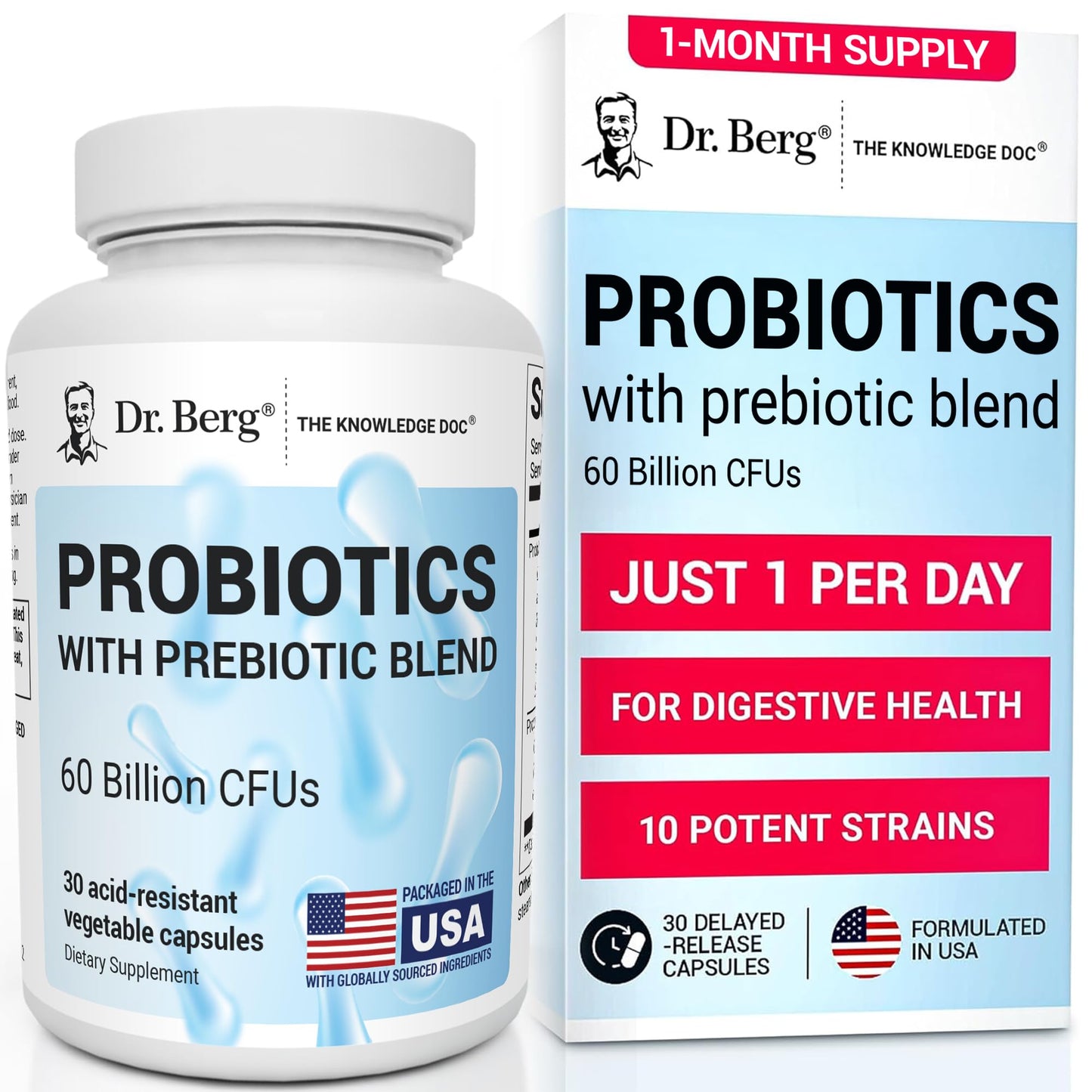 Dr. Berg Probiotic Supplement (60 Billion CFUs) - Helps Ease Occasional Constipation, Diarrhea, Gas & Bloating* - Pre and Probiotics for Digestive Health - 30 Probiotic Capsules - PrimeBioHealth - canada supplements