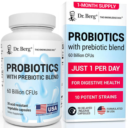 Dr. Berg Probiotic Supplement (60 Billion CFUs) - Helps Ease Occasional Constipation, Diarrhea, Gas & Bloating* - Pre and Probiotics for Digestive Health - 30 Probiotic Capsules - PrimeBioHealth - canada supplements