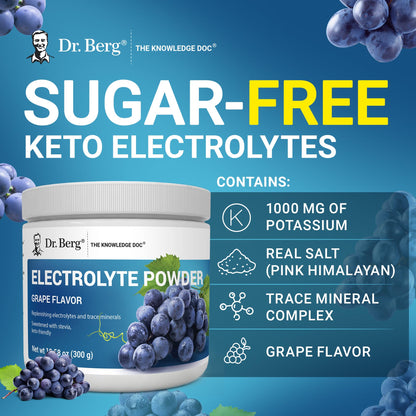 Dr. Berg Zero Sugar Hydration Keto Electrolyte Powder - Enhanced w/ 1000 mg of Potassium & Real Pink Himalayan Salt (NOT Table Salt) - Grape Flavor Hydration Drink Mix Supplement - 50 Servings - PrimeBioHealth - canada supplements