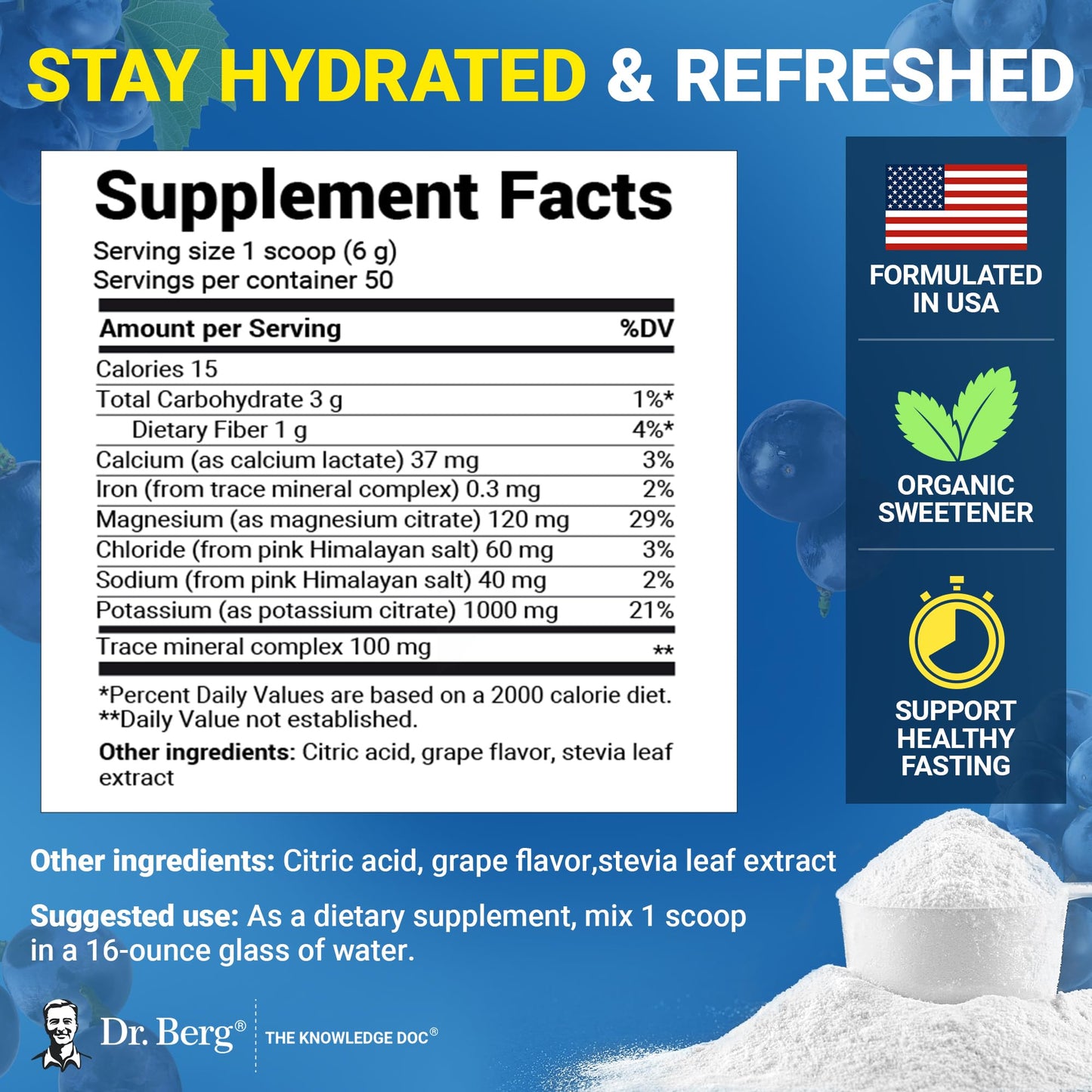 Dr. Berg Zero Sugar Hydration Keto Electrolyte Powder - Enhanced w/ 1000 mg of Potassium & Real Pink Himalayan Salt (NOT Table Salt) - Grape Flavor Hydration Drink Mix Supplement - 50 Servings - PrimeBioHealth - canada supplements