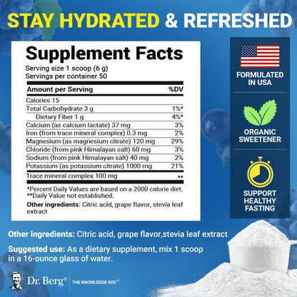 Dr. Berg Zero Sugar Hydration Keto Electrolyte Powder - Enhanced w/ 1000 mg of Potassium & Real Pink Himalayan Salt (NOT Table Salt) - Grape Flavor Hydration Drink Mix Supplement - 50 Servings - PrimeBioHealth - canada supplements