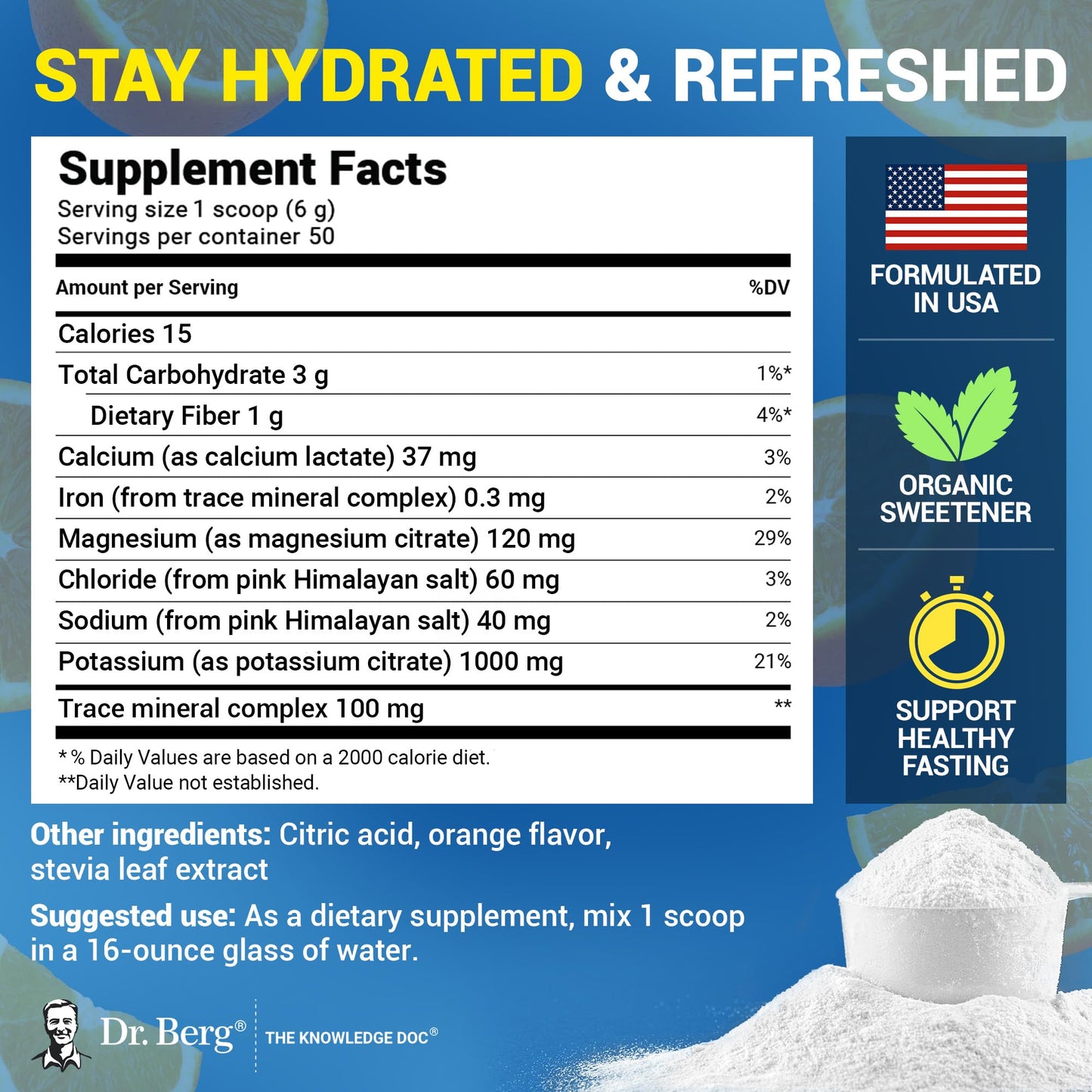 Dr. Berg Zero Sugar Hydration Keto Electrolyte Powder - Enhanced w/ 1000 mg of Potassium & Real Pink Himalayan Salt (NOT Table Salt) - Orange Flavor Hydration Drink Mix Supplement - 50 Servings - PrimeBioHealth - canada supplements