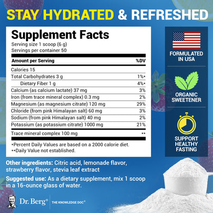Dr. Berg Zero Sugar Hydration Keto Electrolyte Powder - Enhanced w/ 1000 mg of Potassium & Real Pink Himalayan Salt (NOT Table Salt) - Strawberry Lemonade Hydration Drink Supplement - 50 Servings - PrimeBioHealth - canada supplements