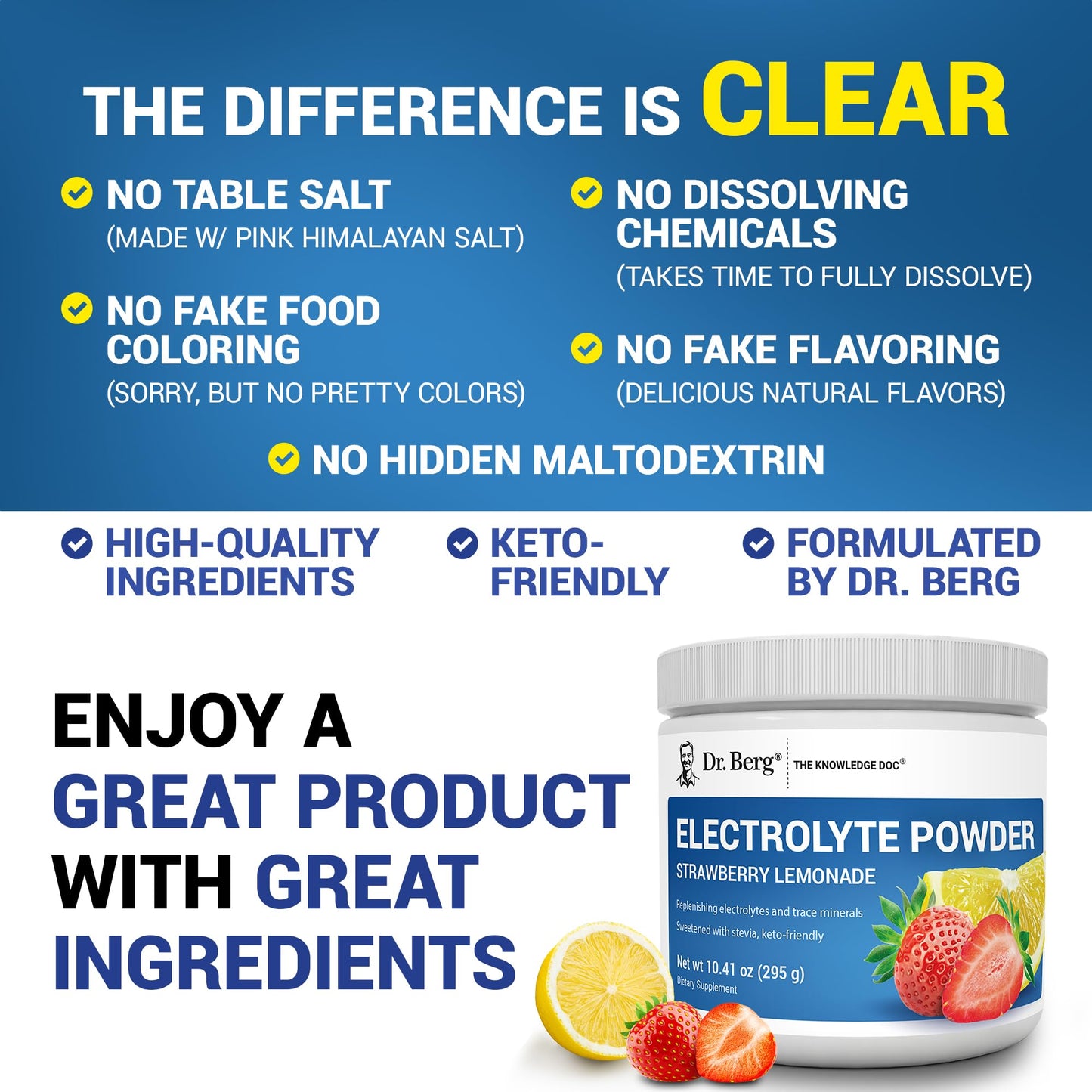 Dr. Berg Zero Sugar Hydration Keto Electrolyte Powder - Enhanced w/ 1000 mg of Potassium & Real Pink Himalayan Salt (NOT Table Salt) - Strawberry Lemonade Hydration Drink Supplement - 50 Servings - PrimeBioHealth - canada supplements