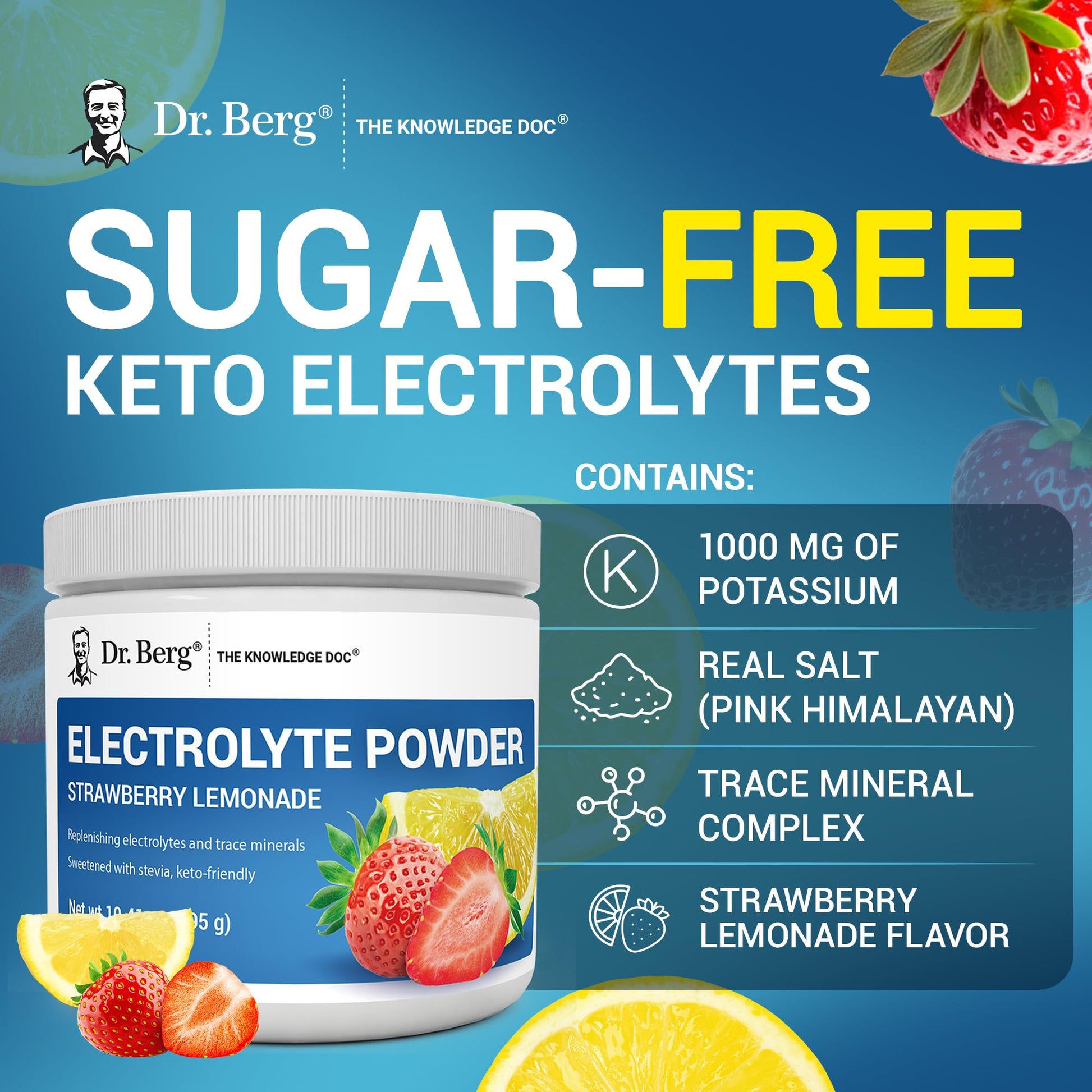 Dr. Berg Zero Sugar Hydration Keto Electrolyte Powder - Enhanced w/ 1000 mg of Potassium & Real Pink Himalayan Salt (NOT Table Salt) - Strawberry Lemonade Hydration Drink Supplement - 50 Servings - PrimeBioHealth - canada supplements