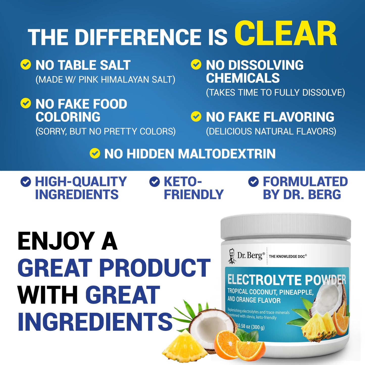 Dr. Berg Zero Sugar Hydration Keto Electrolyte Powder - Enhanced w/ 1000 mg of Potassium & Real Pink Himalayan Salt (NOT Table Salt) - Tropical Coconut - PrimeBioHealth - canada supplements