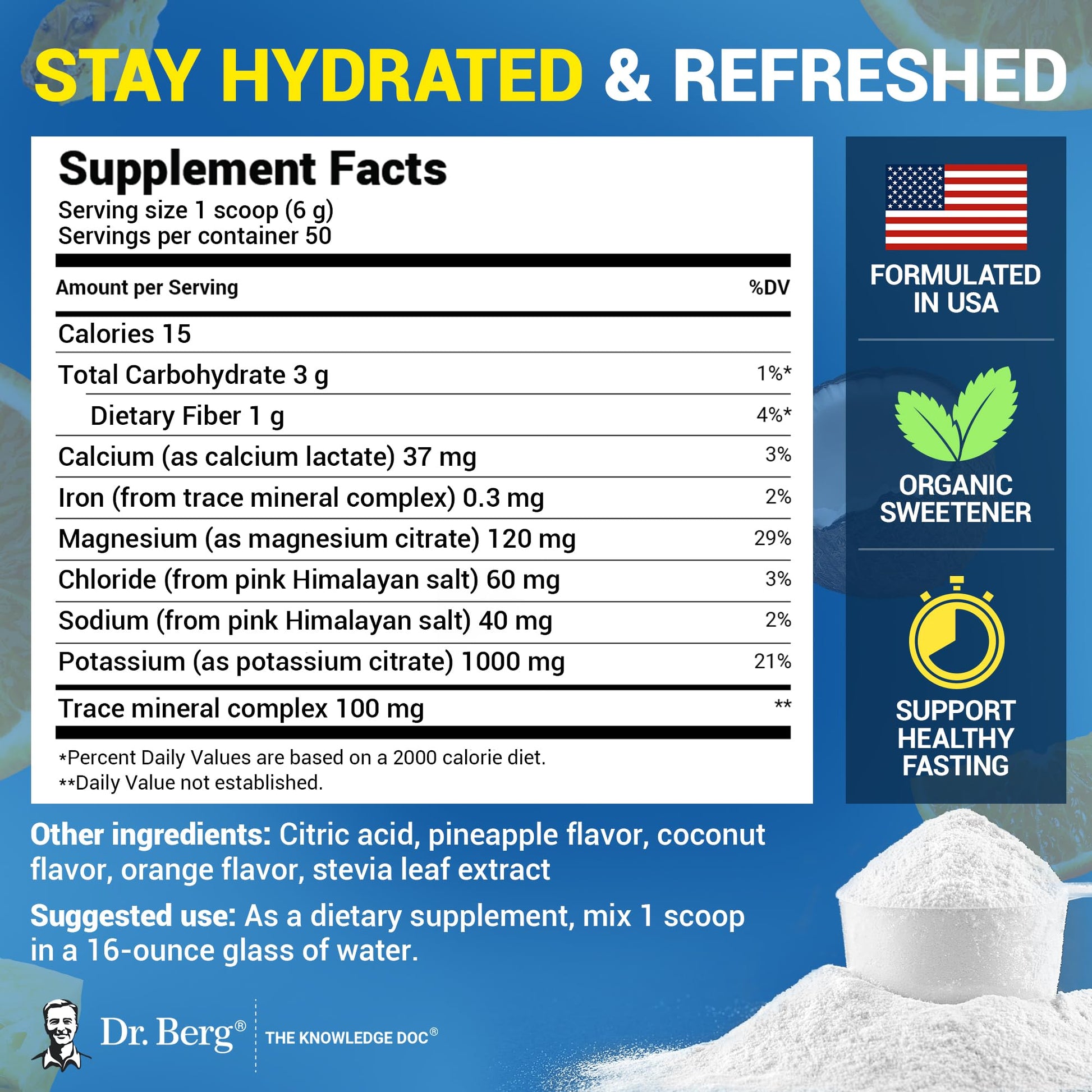Dr. Berg Zero Sugar Hydration Keto Electrolyte Powder - Enhanced w/ 1000 mg of Potassium & Real Pink Himalayan Salt (NOT Table Salt) - Tropical Coconut - PrimeBioHealth - canada supplements