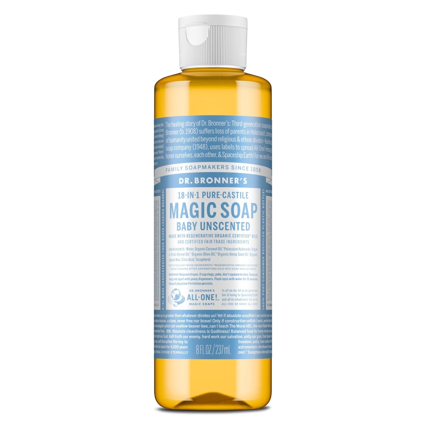 Dr. Bronner's Pure-Castile Magic Liquid Soap (Baby Unscented, 8 Ounce)- Made with Regenerative Organic Certified Oils, For Face - PrimeBioHealth - canada supplements