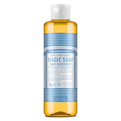 Dr. Bronner's Pure-Castile Magic Liquid Soap (Baby Unscented, 8 Ounce)- Made with Regenerative Organic Certified Oils, For Face - PrimeBioHealth - canada supplements