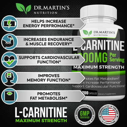 DR. MARTIN'S NUTRITION Extra Strength L-Carnitine - 200 Capsules - 1000mg Per Serving - Boost Your Metabolism and Increase Performance - PrimeBioHealth - canada supplements