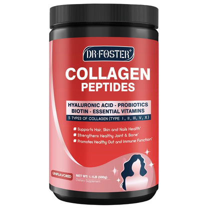 DRFOSTER Multi-Collagen-Peptide-Powder with Probiotics, 50 Servings of Hydrolyzed Collagen Peptides with Hyaluronic Acid, Biotin & Multivitamins - Supports Skin, Hair, Nails Health - PrimeBioHealth - canada supplements