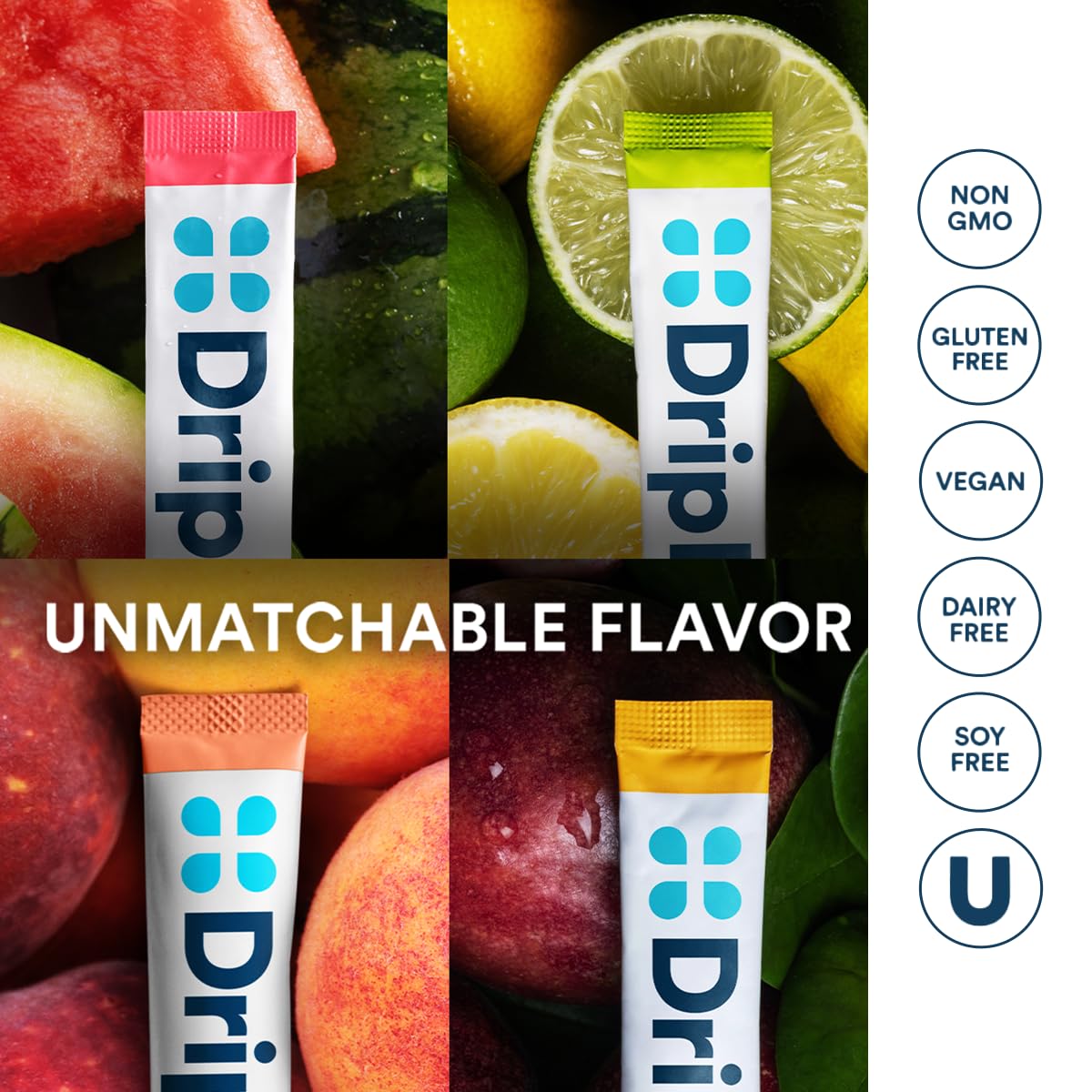 DripDrop Sugar Free Hydration Packets - Zero Classic Variety Pack - Single Serve Electrolytes Powder Drink Mix - Lemon Lime, Watermelon, Peach, Passion Fruit - PrimeBioHealth - canada supplements