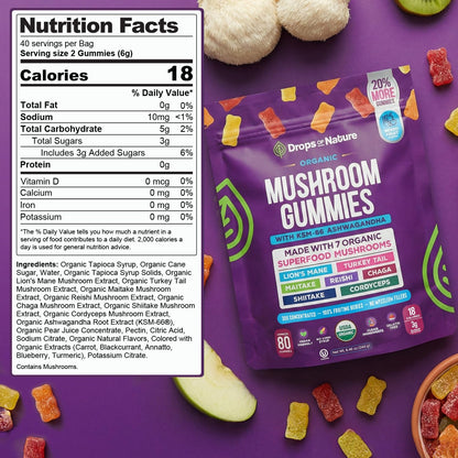 Drops Of Nature Lions Mane & Ashwagandha Gummies – Turkey Tail, Maitake, Reishi, Chaga, Shiitake, Cordyceps – Organic, Low Carb Superfood Gummies - PrimeBioHealth - canada supplements