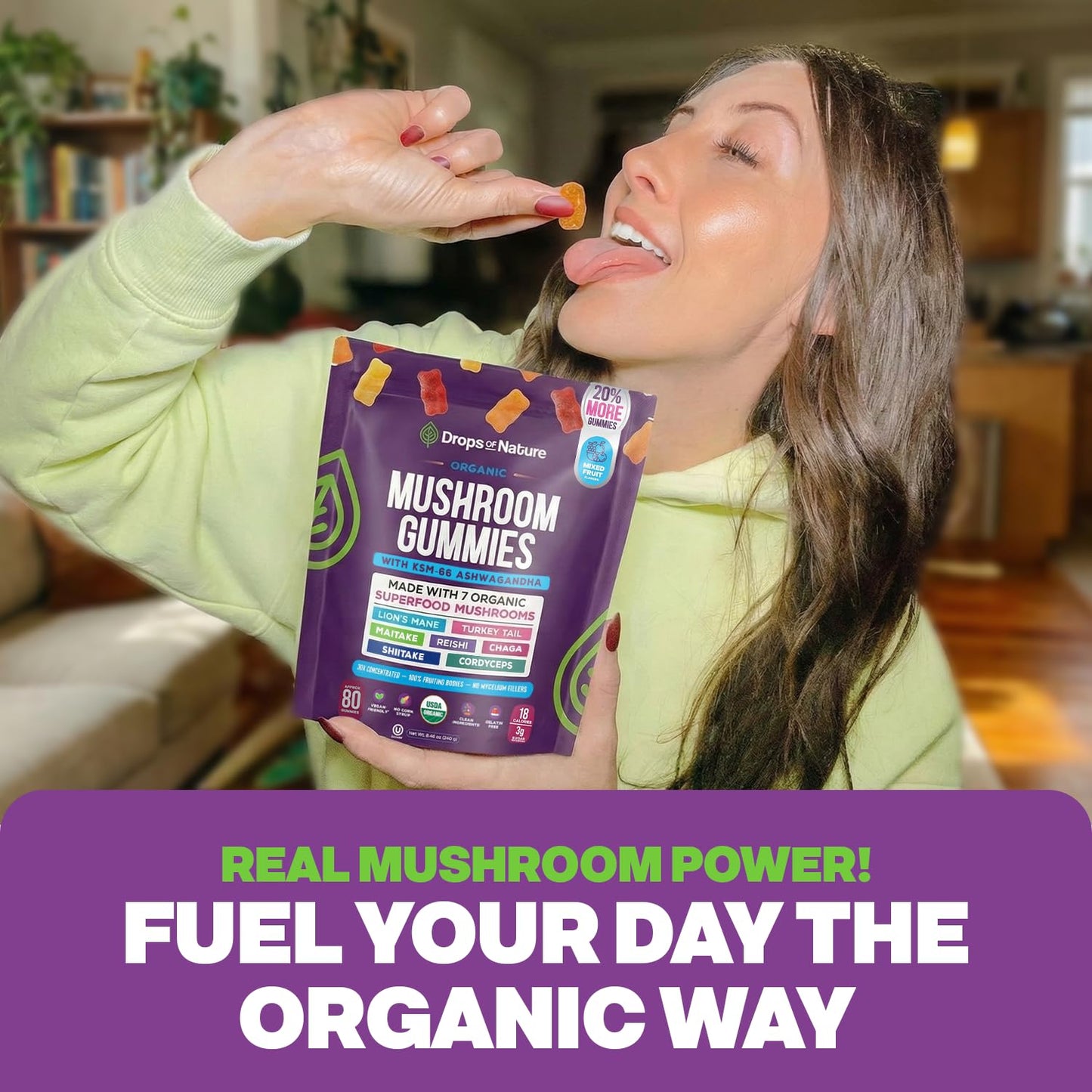 Drops Of Nature Lions Mane & Ashwagandha Gummies – Turkey Tail, Maitake, Reishi, Chaga, Shiitake, Cordyceps – Organic, Low Carb Superfood Gummies - PrimeBioHealth - canada supplements