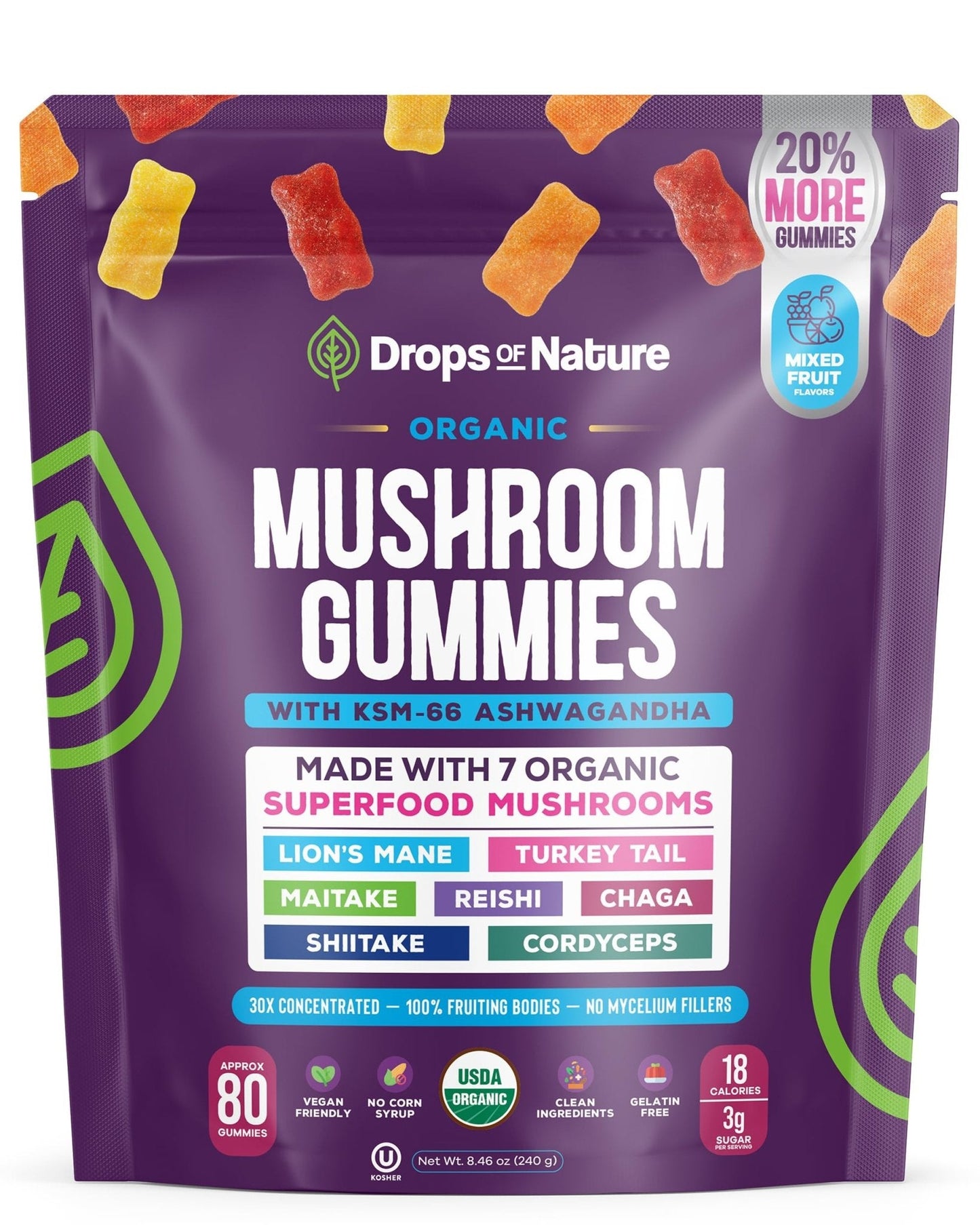 Drops Of Nature Lions Mane & Ashwagandha Gummies – Turkey Tail, Maitake, Reishi, Chaga, Shiitake, Cordyceps – Organic, Low Carb Superfood Gummies - PrimeBioHealth - canada supplements