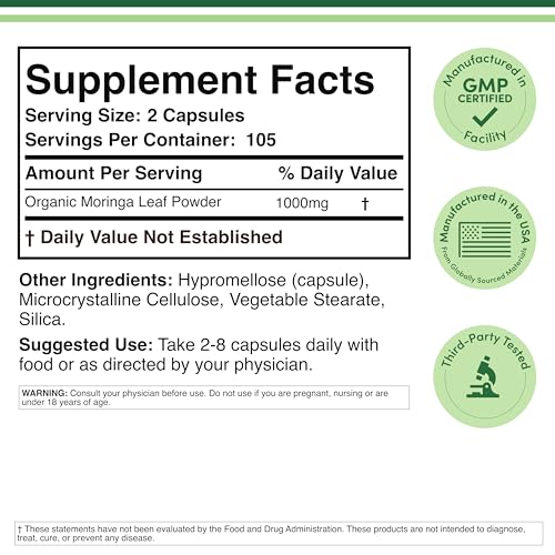 DWS Organic Moringa Capsules 1000mg - Pure Moringa Powder for Energy & Immune Support - Green Superfood Rich in Antioxidants - PrimeBioHealth - canada supplements