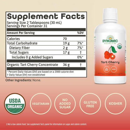 Dynamic Health Organic Tart Cherry Juice, Unsweetened 100% Juice Concentrate, Antioxidants Supplement, No Sweeteners or Additives, Vegan, Gluten Free, BPA Free (32oz) - PrimeBioHealth - canada supplements