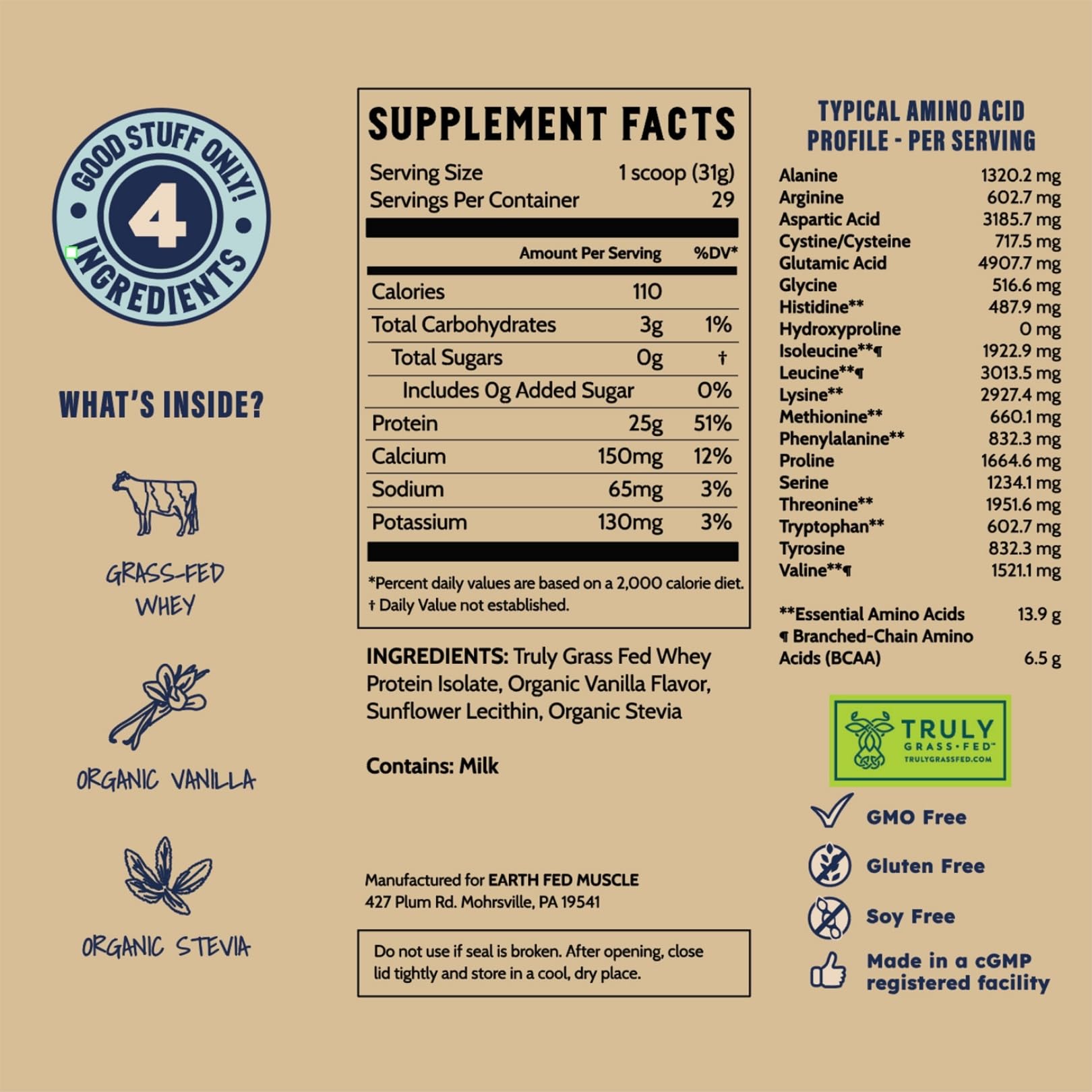Earth Fed Muscle Whey Back Irish Grass Fed Whey Protein Isolate, Third-Party Certified. 25g Protein, Vanilla - Non-GMO, Hormone Free, Soy Free, Gluten Free - 2 LB, 29 Servings - PrimeBioHealth - canada supplements
