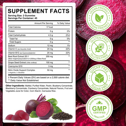 ECHTEYUN Super Beetroot Gummies, 8 in 1 Beet Root 4,000mg with Grape Seed Extract & CoQ10, Sugar Free - 90 Count (1) - PrimeBioHealth - canada supplements