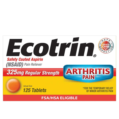 Ecotrin Regular Strength 325mg Aspirin Safetey Coated Tablets, Arthritis, Toothache & Headache Relief Designed to Protect the Stomach, 125 Count - PrimeBioHealth - canada supplements