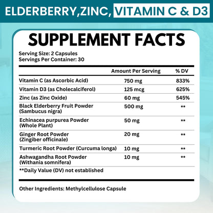 Elderberry Immune Support Supplement 8-in-1 Formula with Echinacea, Vitamin C & Zinc, Vitamin D 5000 IU, Turmeric, Ginger, Ashwagandha – 60 Capsules - PrimeBioHealth - canada supplements
