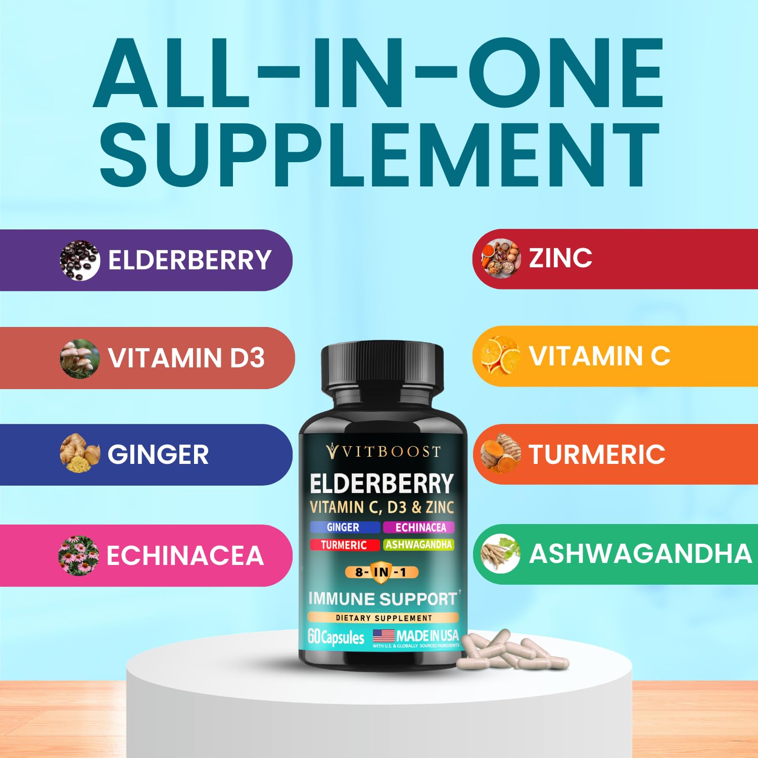 Elderberry Immune Support Supplement 8-in-1 Formula with Echinacea, Vitamin C & Zinc, Vitamin D 5000 IU, Turmeric, Ginger, Ashwagandha – 60 Capsules - PrimeBioHealth - canada supplements