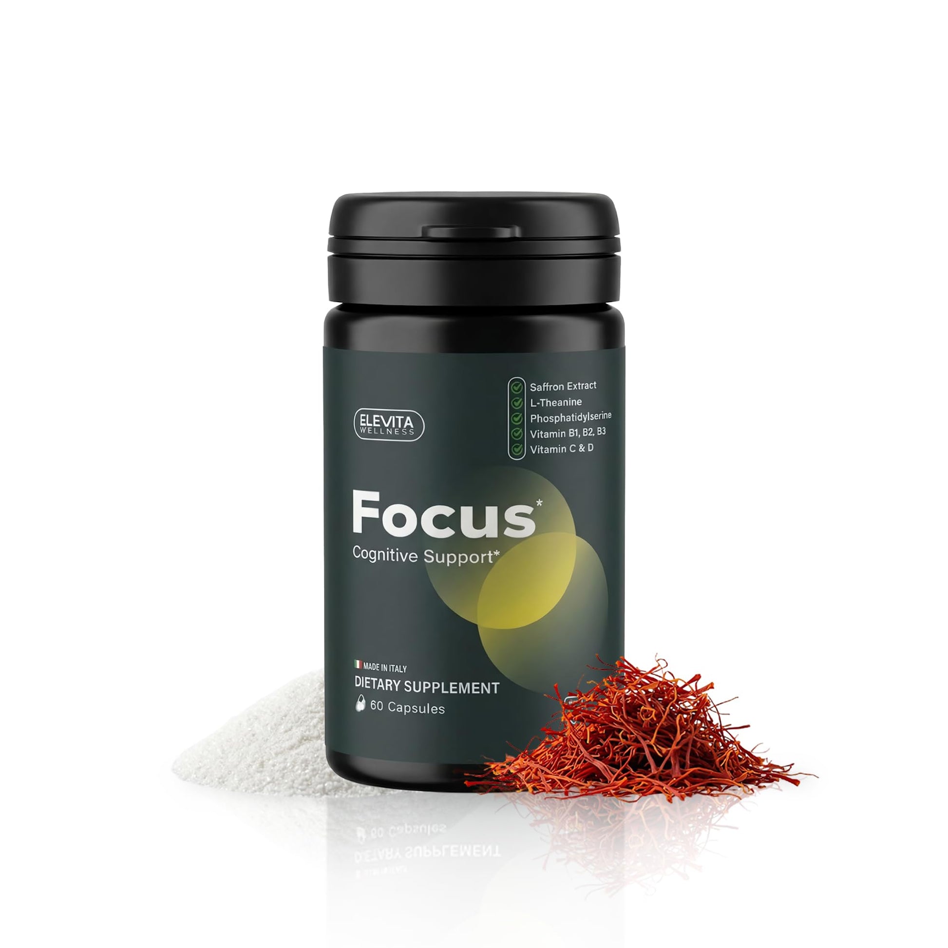 ELEVITA WELLNESS Focus Supplement (Made in Italy) | Premium Blend with L-Theanine, Lion's Mane & B Vitamins, Saffron and Vitamin D | Focus & Cognitive Support for Men & Women - PrimeBioHealth - canada supplements