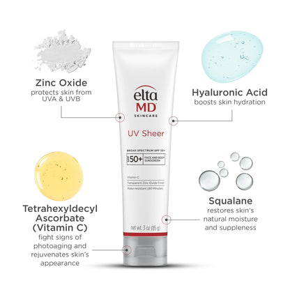 EltaMD UV Sheer Face and Body Sunscreen SPF 50+, Oil Free, No White Cast Sunscreen for Face and Body, Zinc Oxide Formula, 3.0 oz Tube - PrimeBioHealth - canada supplements