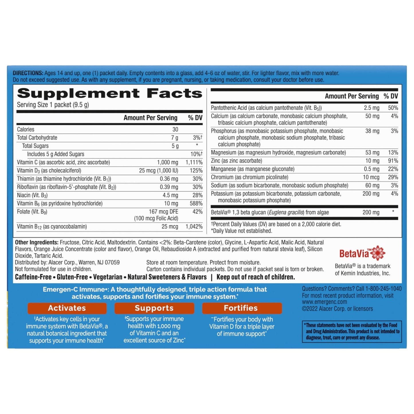 Emergen-C Immune+ Triple Action Immune Support Powder, BetaVia (R), 1000mg Vitamin C, B Vitamins, Vitamin D and Antioxidants - PrimeBioHealth - canada supplements
