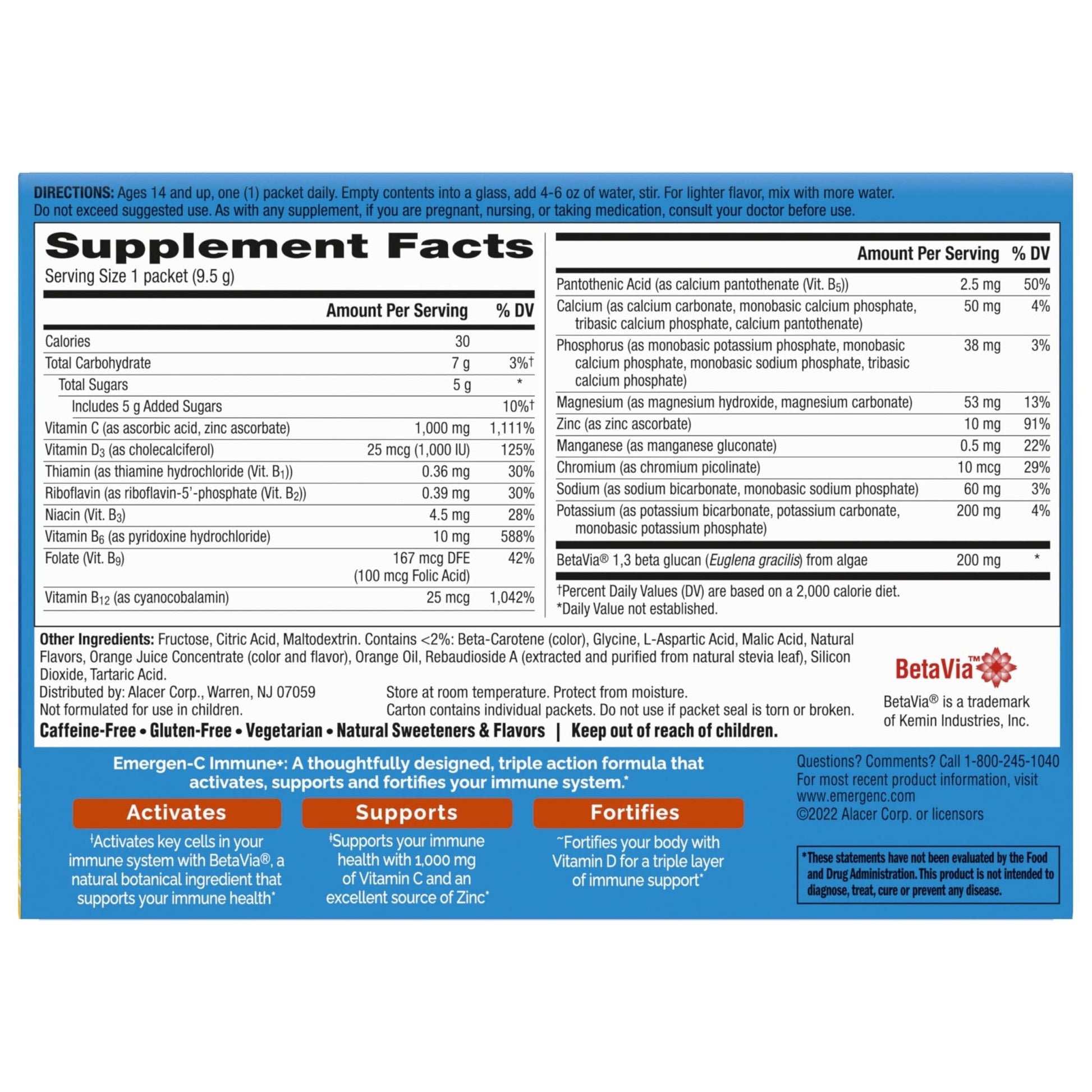 Emergen-C Immune+ Triple Action Immune Support Powder, BetaVia (R), 1000mg Vitamin C, B Vitamins, Vitamin D and Antioxidants - PrimeBioHealth - canada supplements