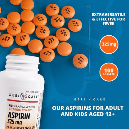 Enteric Coated Aspirin Tablets 325mg (100 Count) by GeriCare- NSAID Pain Reliever & Fever Reducer Coated Aspirin for Adults- Regular Strength Aspirin for Headache Arthritis Menstrual & Muscle Pain - PrimeBioHealth - canada supplements