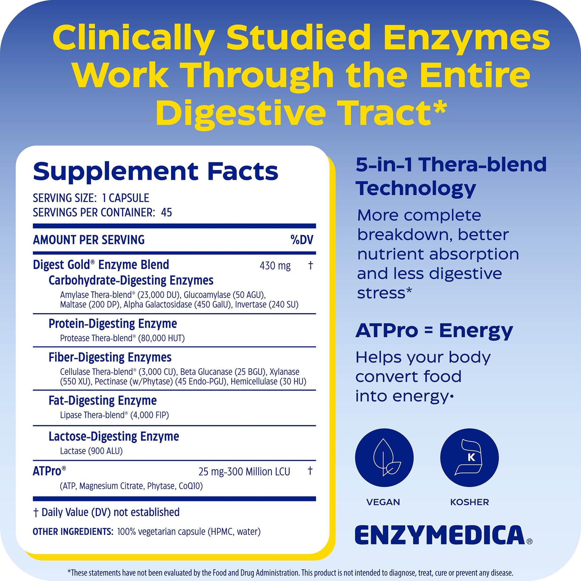 Enzymedica, Digest Gold + ATPro, Maximum Strength Enzymes, 45 Capsules - PrimeBioHealth - canada supplements