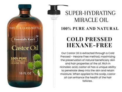 Essentially KateS Castor Oil 16 Fl Oz (Glass Bottle) - Original - A Huge Glass Bottle with a Pump - 100% Pure and Natural - PrimeBioHealth - canada supplements